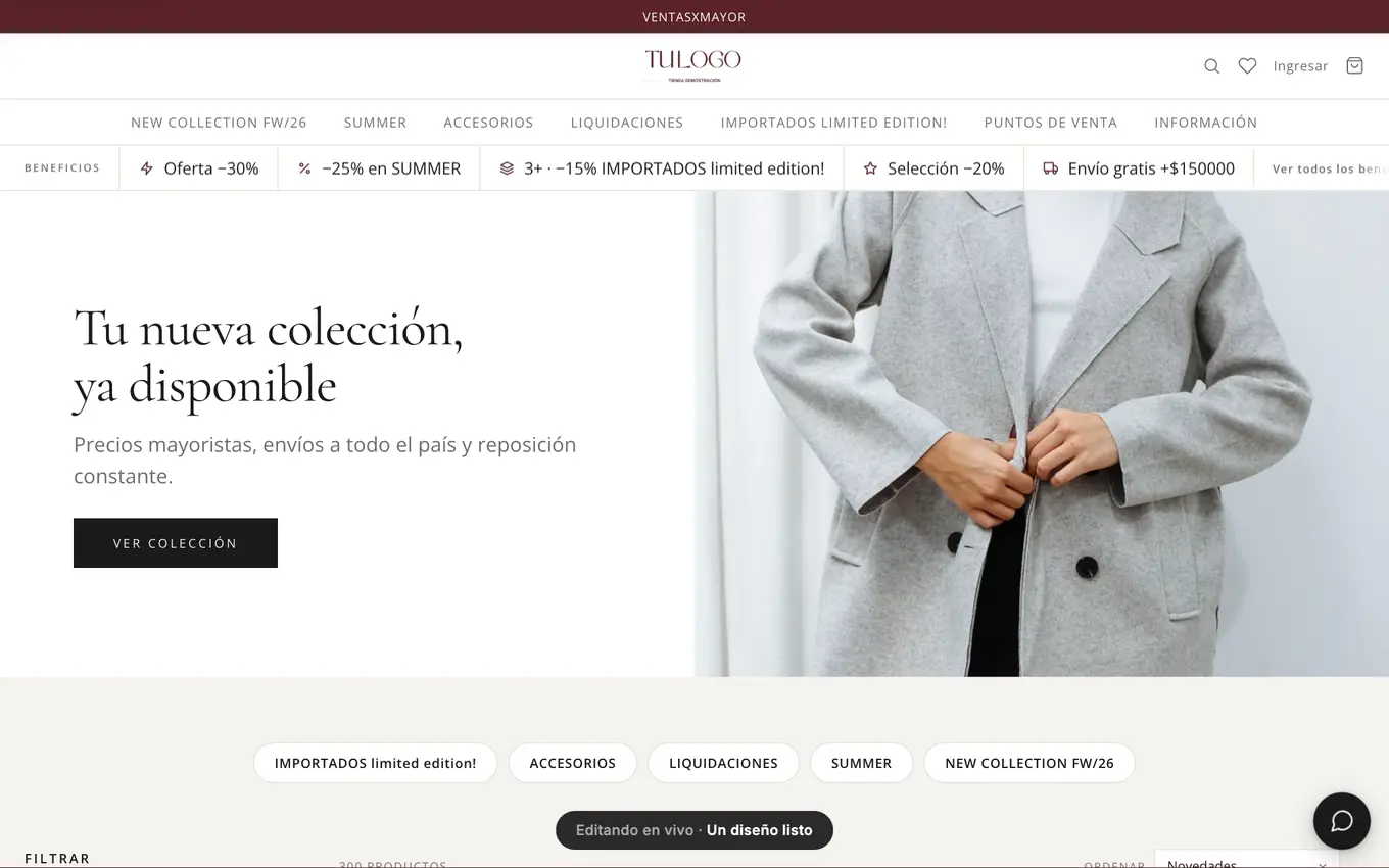 Tienda mayorista VentasxMayor cambiando de diseño en vivo Tienda mayorista real hecha con VentasxMayor rediseñándose en vivo — mismo catálogo con otra identidad visual, precios por cliente y descuentos por volumen